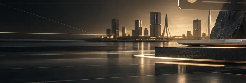 Redactionele verbeelding van de Rotterdamse skyline en brug aan het water
