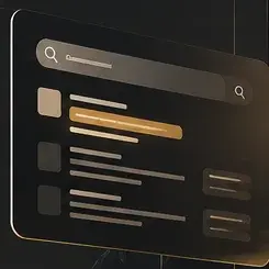 Abstracte zoekinterface met gelaagde informatie in brons en charcoal