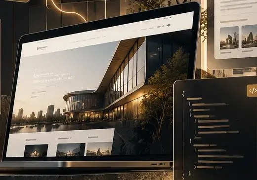 Concept van een webinterface op een laptop in een architecturale setting