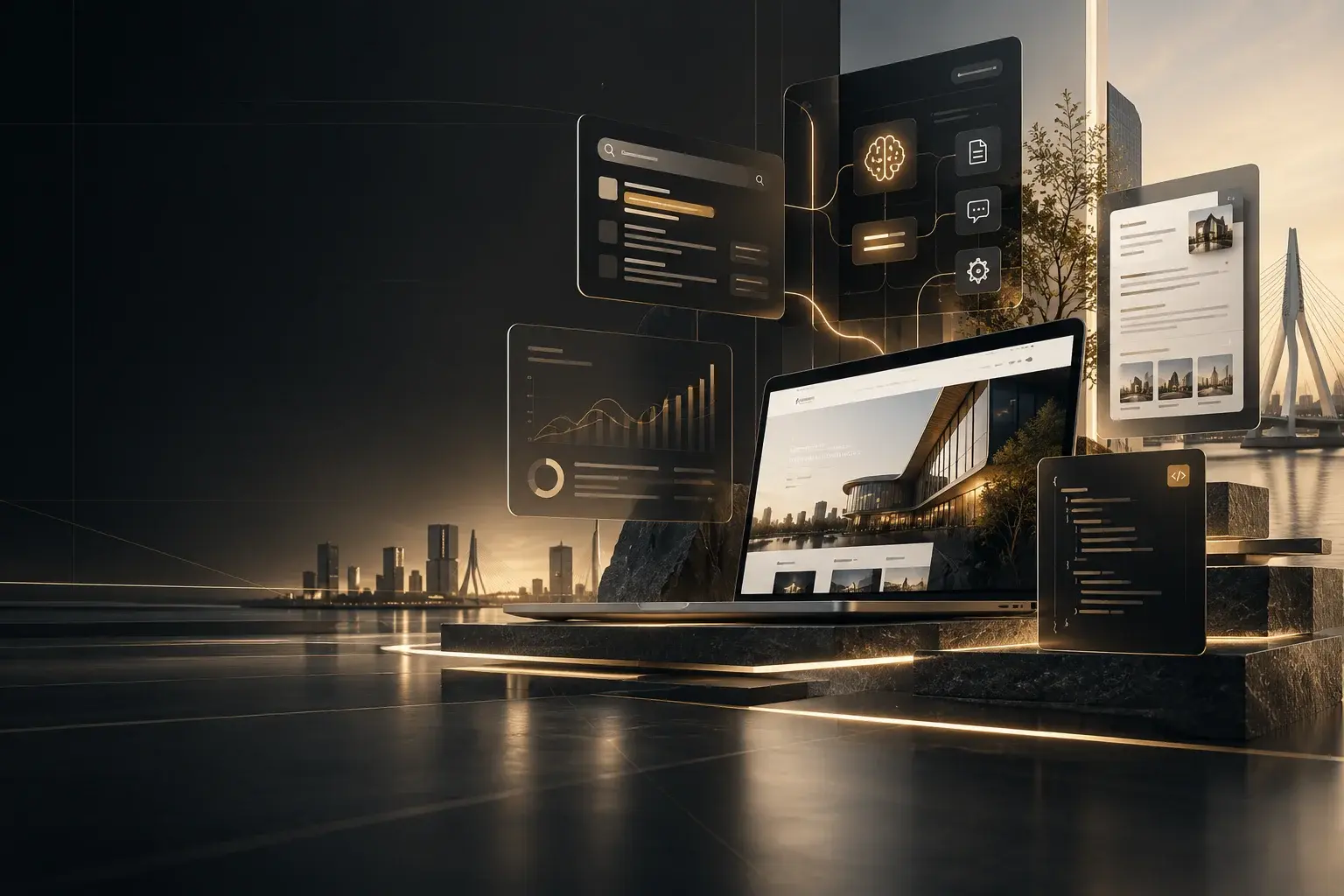 Abstracte gouden architectuur met technische interfaces